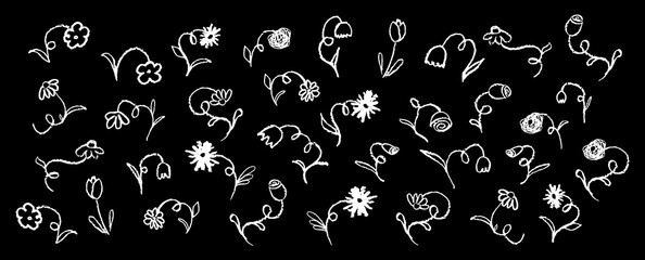 Set of flowers drawing by pastel or charcoal pencil. White chalk line flower collection, simple design element on black chalkboard. Like children's drawing cute floral collection. Vector illustration.