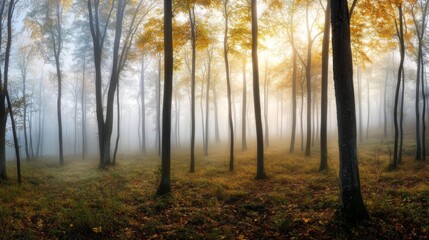 Obraz premium Sunbeams Illuminating a Misty Autumn Forest