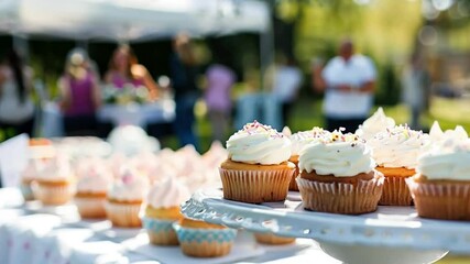 Community volunteers or office staff organizing fundraising event to support local charity or nonprofit organization. Closeup of table with homemade cupcakes and desserts for sale outdoors - Powered by Adobe
