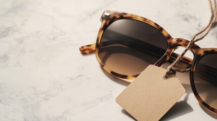 A mockup of a modern pair of sunglasses with a blank tag, placed on a clean background, perfect for fashion advertising.