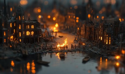 A miniature city burns at night with people nearby.
