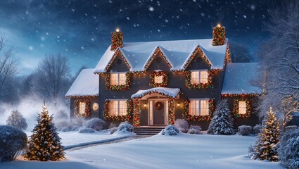 Snow-Covered House Decorated with Christmas Lights at Night