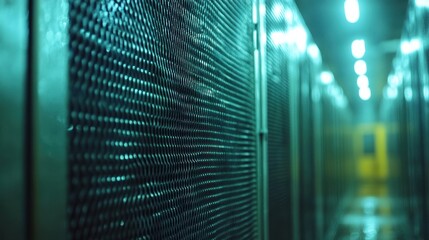 A close-up view of a server room with a metal grate and neon lights.