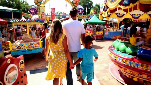 Family walking through colorful amusement park