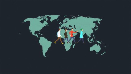 Different people walk across a world map, worldwide migration and flight due to economic reasons, crises, wars and environmental influences