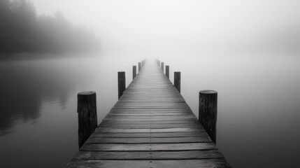 Obraz premium A Long Wooden Dock Extending into a Foggy Lake