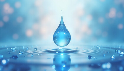 Close-up of a water droplet creating ripples, serene blue ambiance