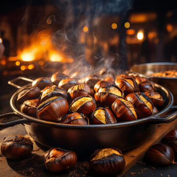 cazuela de casta&ntilde;as asadas con la lumbre al fondo