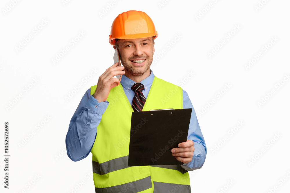 Poster repairman talking on cellphone holding folder smiling to camera posing over white studio background.
