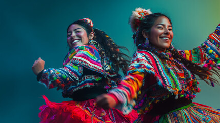 Fototapeta premium Two women joyfully dancing in vibrant traditional attire, showcasing colorful Peruvian Andean culture and heritage against a teal background.