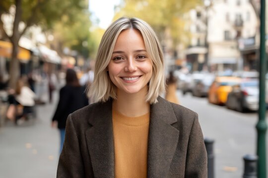 portrait of an average photo of a 26 year Spanish old girl with sleek, blonde hair