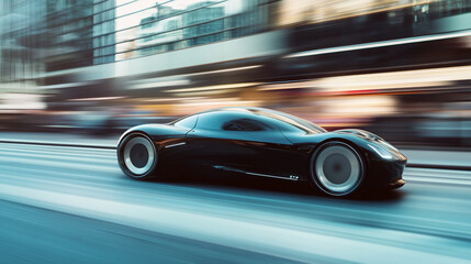 Fototapeta premium Sleek black and silver car racing through the city, motion blur emphasizing speed and urban surroundings-4