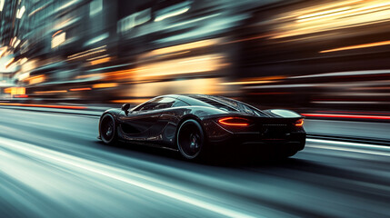 Fototapeta premium Black and silver sports car slicing through the city streets, motion blur highlighting the speed-4