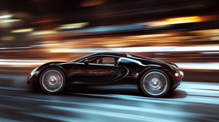 Obraz premium Speeding black car with silver accents moves through dark streets, motion blur reflecting its velocity-2