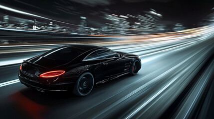 Fototapeta premium Black car speeding down a highway, motion blur against a dark cityscape intensifies its movement-2