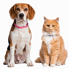 Obraz premium Beagle dog and orange Persian cat on white background