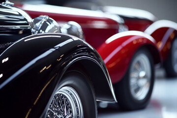 Vintage vehicles with polished exteriors and reflective chrome, displayed against a minimalist backdrop-2
