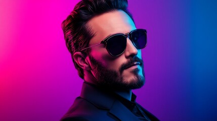 Fototapeta premium Portrait of a stylish man wearing sunglasses and a suit, illuminated by colorful lights.