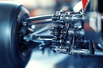 Detailed shot of a Formula 1 suspension system, with blurred racetrack lines emphasizing speed-1