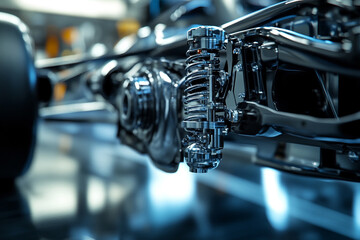 Detailed shot of a Formula 1 suspension system, with blurred racetrack lines emphasizing speed-4