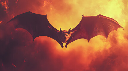 Fototapeta premium Vivid Bat Flying Through a Sunset Sky with a Central Text Area for Banner Card Wallpaper Design
