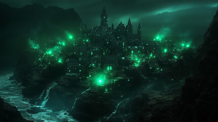 Village heroic fantasy sombre avec château et fissures lumineuses mystérieuses