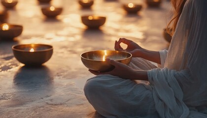 Fototapeta premium Peaceful Meditation with Tibetan Singing Bowl at Sunset