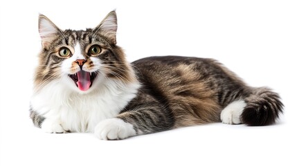 A playful cat lying on its stomach with a cheerful expression, featuring a mix of fur colors and a lively demeanor, ready to engage.