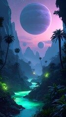 Tropical island with moon.Mobile Wallpaper. 