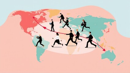 Fototapeta premium Different people walk across a world map, worldwide migration and flight due to economic reasons, crises, wars and environmental influences