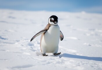 Obraz premium Portrait of a penguin in a snowy landscape. Playful, happy animal. Soft sunset background.