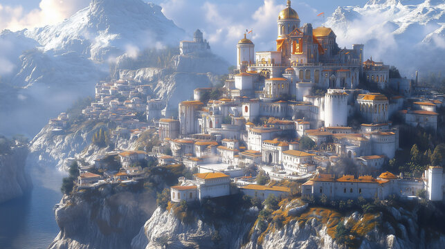 Village heroic fantasy perch&eacute; sur un rocher avec murs blancs et toits dor&eacute;s