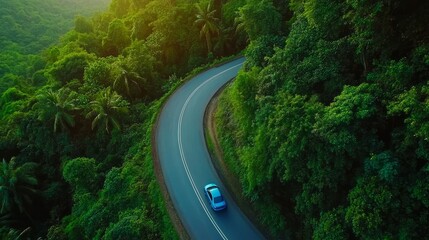 Aerial top view of a wooded road with motion blur from an automobile. twisted path through the woods. On the road between the green trees, cars travel. Road tour on ecosystem ecology and a healthy env