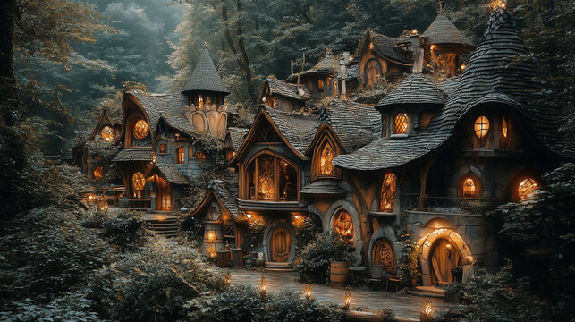 Village heroic fantasy d&rsquo;elfes dans la for&ecirc;t enchant&eacute;e