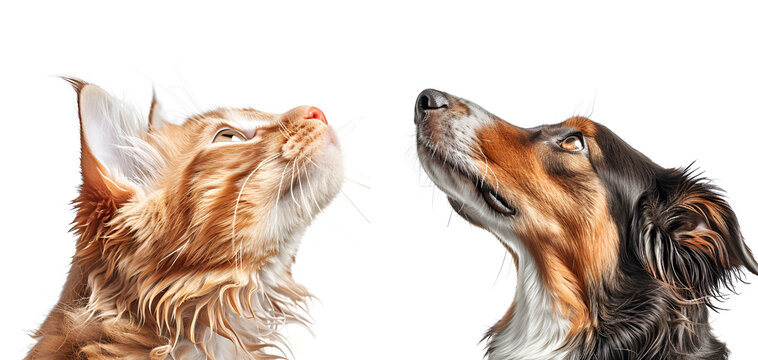 banner with a cat and a dog looking up on a white background. banner. free space. space for text
