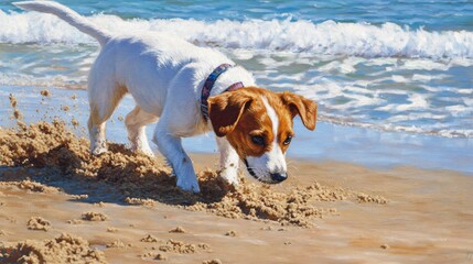 Jack Russell Terrier Digging in the Sand at the Beach