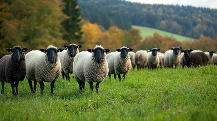 Fototapeta premium A serene landscape featuring a line of sheep grazing on green grass, surrounded by vibrant autumn foliage in the background.