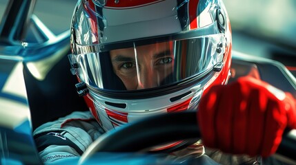 Portrait of a race car driver inside the car, gripping the steering wheel with eyes fixed forward, helmet reflecting the intensity of the motorsport environment