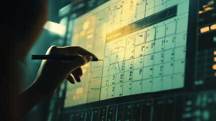 Calendar Agenda Work Schedule Concept for Business Planning Businesswomen utilize pen markings on the workflow plan, calendar, and virtual screen. Arrange essential dates and timetables. Time