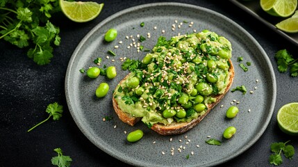 Avocado toast with edamame and sesame seeds, placed on a gray ceramic plate, surrounded by fresh lime wedges and coriander leaves on a black background