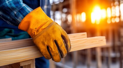 Close-up of a construction worker's hand in a yellow glove holding wooden beams.