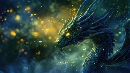 Magical dragon amidst sparkling lights in an enchanting forest at twilight