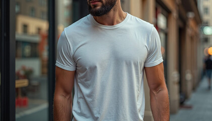 Fototapeta premium A middle-aged Caucasian man with short dark hair and a beard, wearing a plain white t-shirt, standing in an urban setting