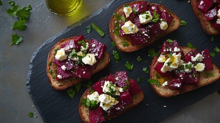 Avocado toast with roasted beetroot and feta, arranged on a charcoal slate board, with a drizzle of olive oil and fresh parsley