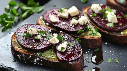 Avocado toast with roasted beetroot and feta, arranged on a charcoal slate board, with a drizzle of olive oil and fresh parsley