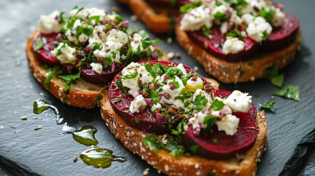 Avocado toast with roasted beetroot and feta, arranged on a charcoal slate board, with a drizzle of olive oil and fresh parsley