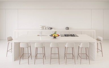 Minimalist white kitchen island with bar stools.