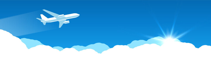 Banner with airplane flying in the blue sky over clouds. Vector background