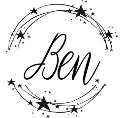 Ben - name written between circles and stars, round logo, vector graphics for parties and Christmas period, banners, cards, sweatshirt, prints, cricut, silhouette, sublimation

