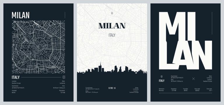 Set of travel posters with Milan, detailed urban street plan city map, Silhouette city skyline, vector artwork, set 2